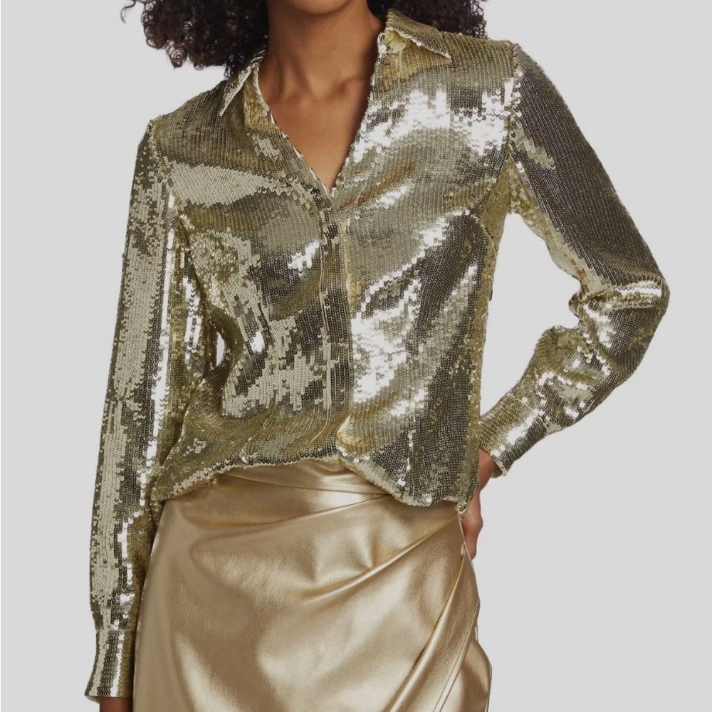 Elie Tahari Gold Sequin Button Down Shirt